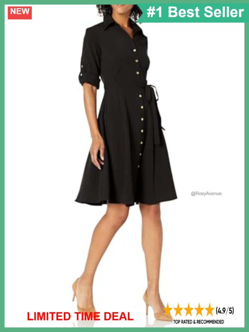 Pleated Button Front Shirt Dress 3/4 Sleeve V-Neck Midi Work Casual